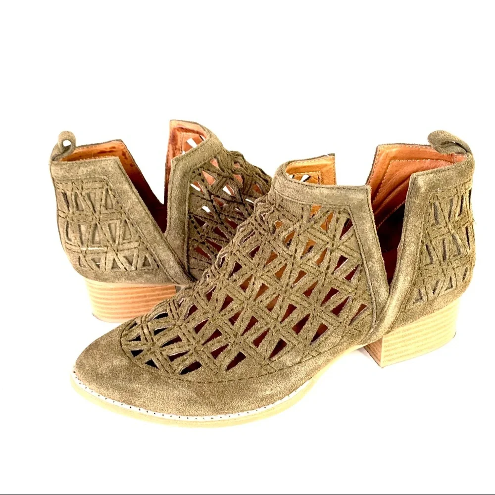 JEFFREY CAMPBELL Coastal Cowgirl Western Sagat Laser Cut Olive Suede Boots, 8.5